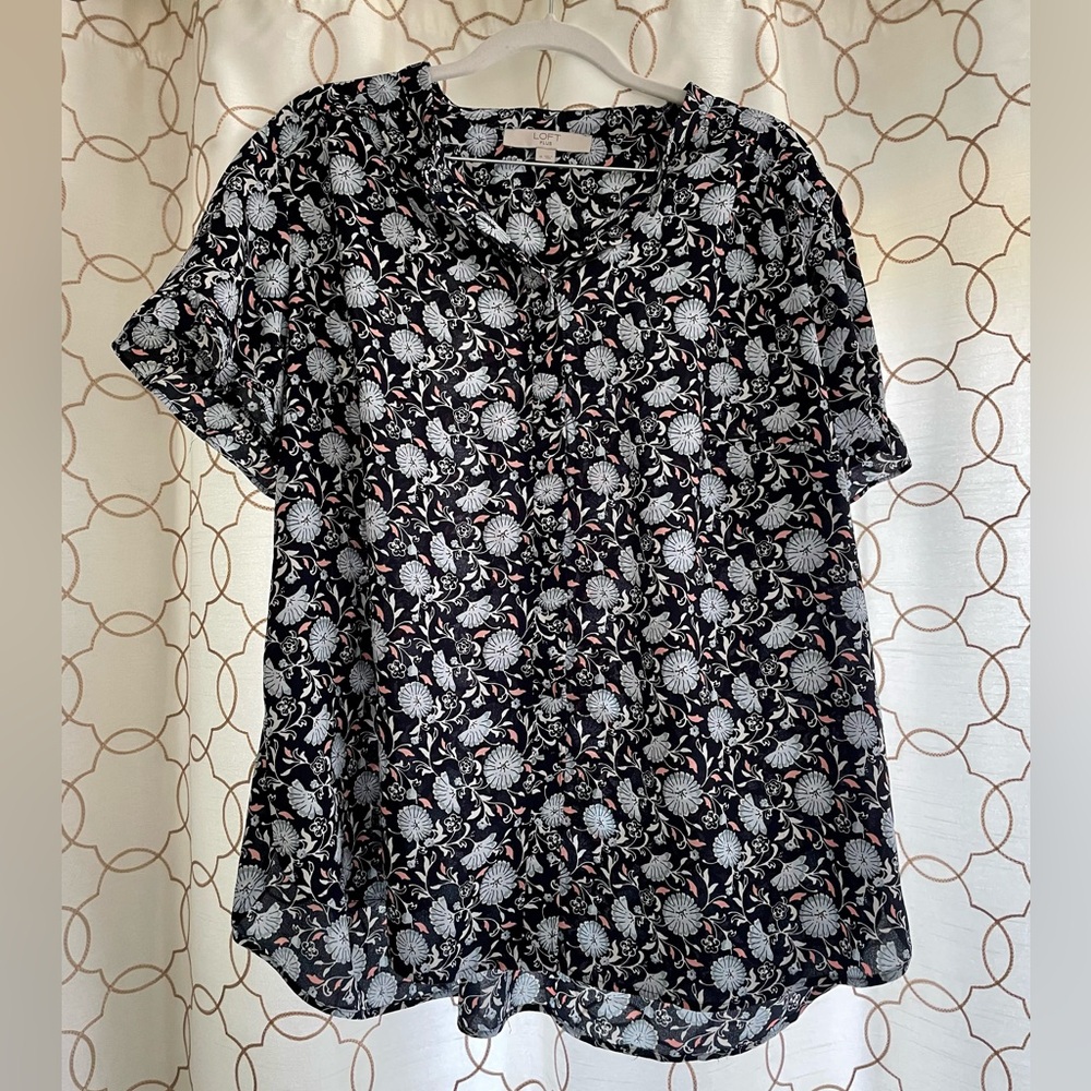 LOFT Navy and Floral Button up Blouse